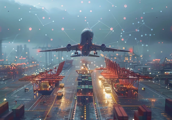 Logistics network visualization with airplane and port